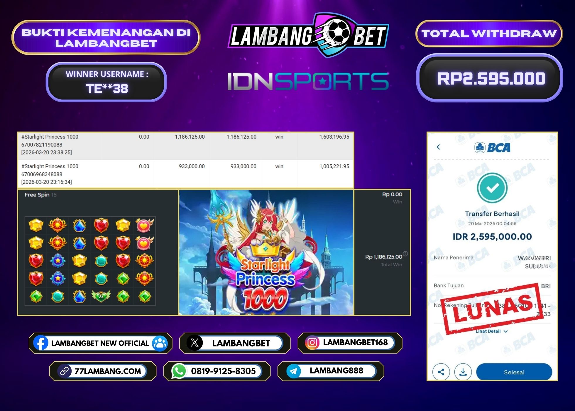 LAMBANGBET [20 MARET 2026] JACKPOT SLOT Starlight Princess 1000 "Rp2.595.000" LUNAS